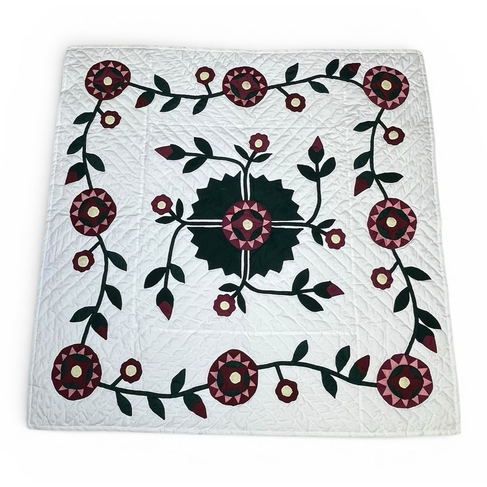Rose of Sharon Quilt Pink Flowers‎ Green Yellow White 43x44" Handmade Applique